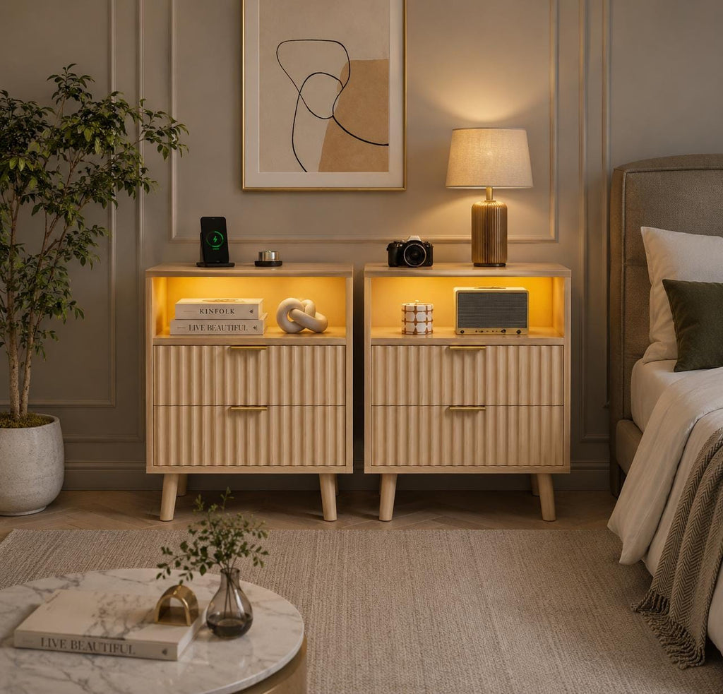 Fluted Nightstand Set of 2 with Charging Station, Black LED Bedside Tables, Modern 2 Drawer End Tables with USB Ports & Open Storage