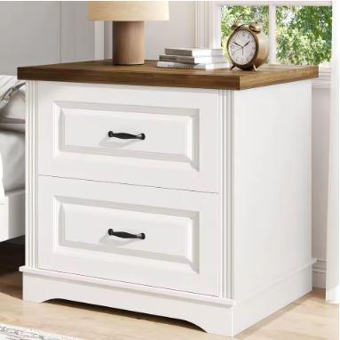 Farmhouse Nightstand, 24" Wide End Table With Two Drawers, White Cabinet Natural Wood Top