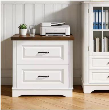 Farmhouse Nightstand, 24" Wide End Table With Two Drawers, White Cabinet Natural Wood Top