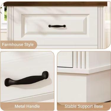 Farmhouse Nightstand, 24" Wide End Table With Two Drawers, White Cabinet Natural Wood Top