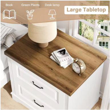 Farmhouse Nightstand, 24" Wide End Table With Two Drawers, White Cabinet Natural Wood Top