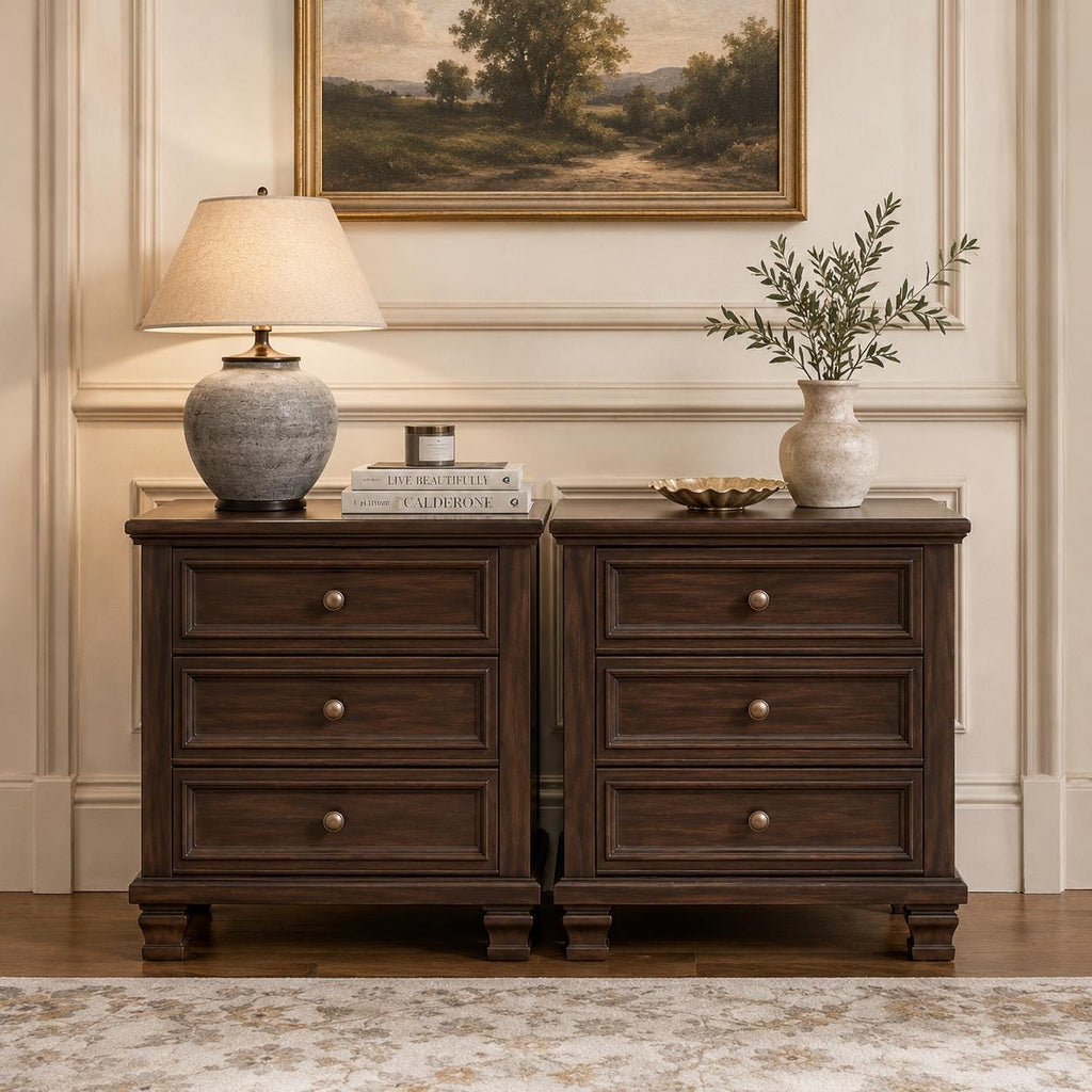 Farmhouse Nightstand Set of 2 with 3 Drawers, Rustic Bedside Tables, Vintage End Tables, Solid Wood Legs, Bedroom Storage Furniture