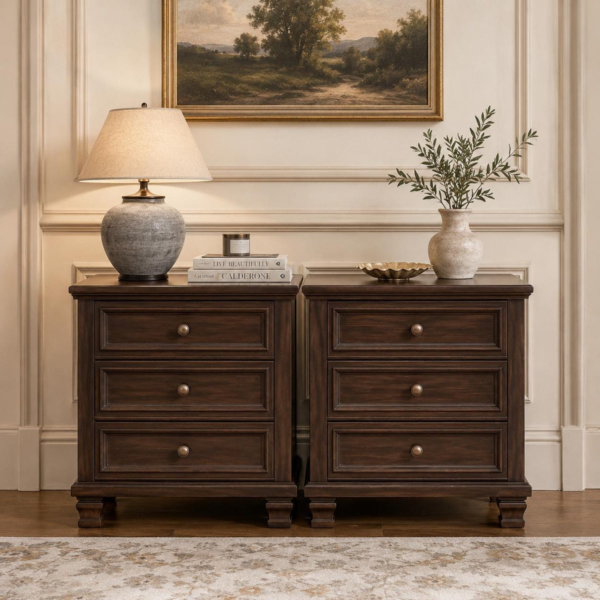 Farmhouse Nightstand Set of 2 with 3 Drawers, Rustic Bedside Tables, Vintage End Tables, Solid Wood Legs, Bedroom Storage Furniture