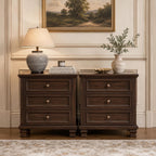 Farmhouse Nightstand Set of 2 with 3 Drawers, Rustic Bedside Tables, Vintage End Tables, Solid Wood Legs, Bedroom Storage Furniture