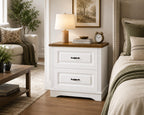 Farmhouse Nightstand, 24" Wide End Table With Two Drawers, White Cabinet Natural Wood Top