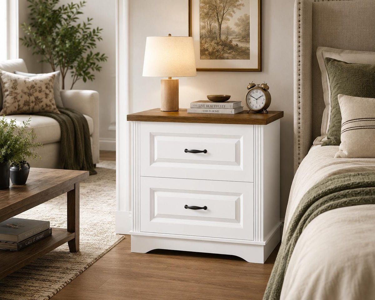 Farmhouse Nightstand, 24" Wide End Table With Two Drawers, White Cabinet Natural Wood Top