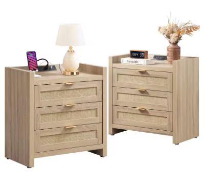 Set of 2 Tall Rattan Nightstands with Type-C Charging Station, 3 Storage Drawers