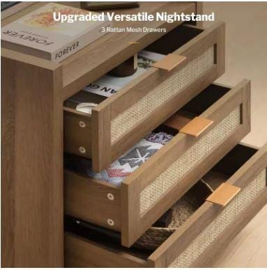 Set of 2 Tall Rattan Nightstands with Type-C Charging Station, 3 Storage Drawers