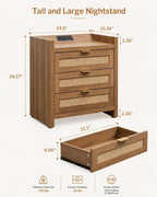 Set of 2 Tall Rattan Nightstands with Type-C Charging Station, 3 Storage Drawers