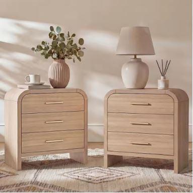 Set of 2 Fluted Storage End Tables with Charging Station, Modern Wood Nightstands