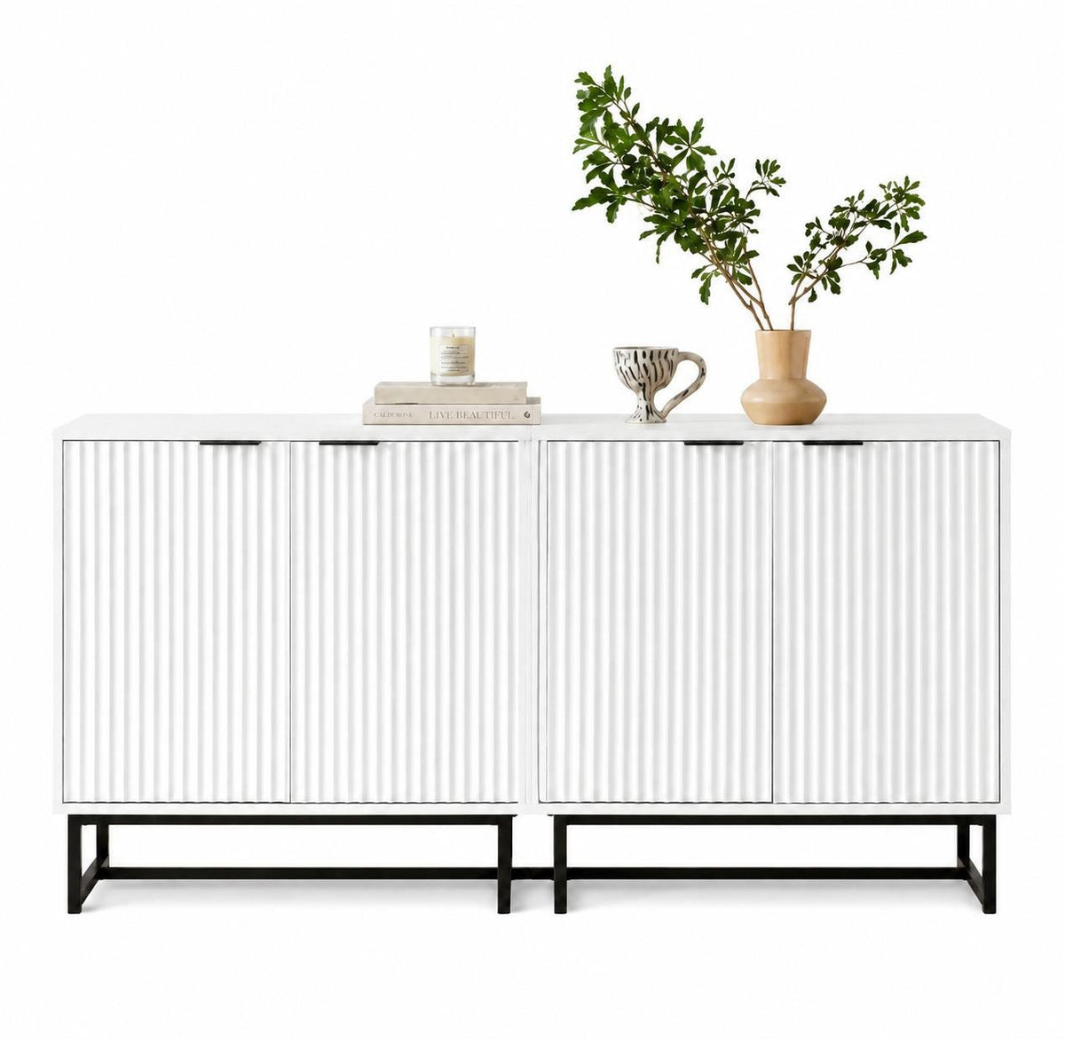Set of 2 Fluted Storage Cabinets, Modern Buffet Console, Art Deco Accent Furniture