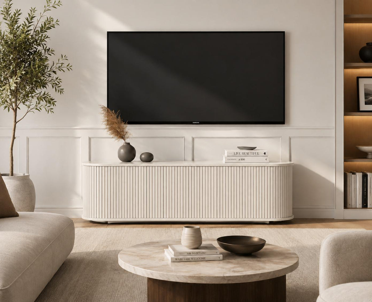 59" Fluted TV Stand Wood Media Console Storage Cabinet Mid Century Modern Living Room Walnut, Customized