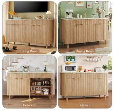 Fluted Buffet Cabinet, Faux Marble Top, 4 Doors, 3 Drawers Storage Sideboard