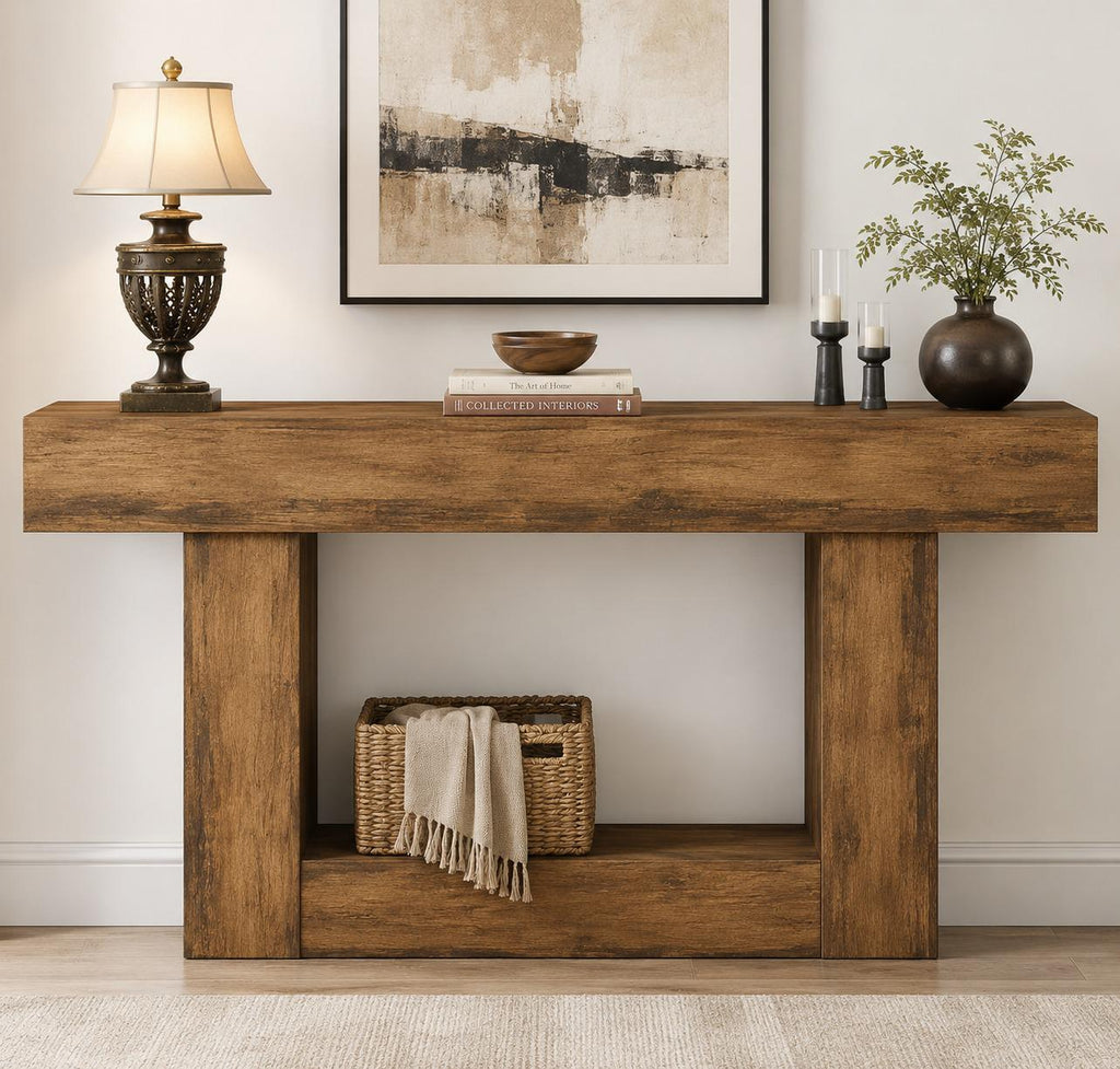 Farmhouse Console Table, Rustic Brown Wood, Vintage Gray U-Base, Entryway Sofa Table