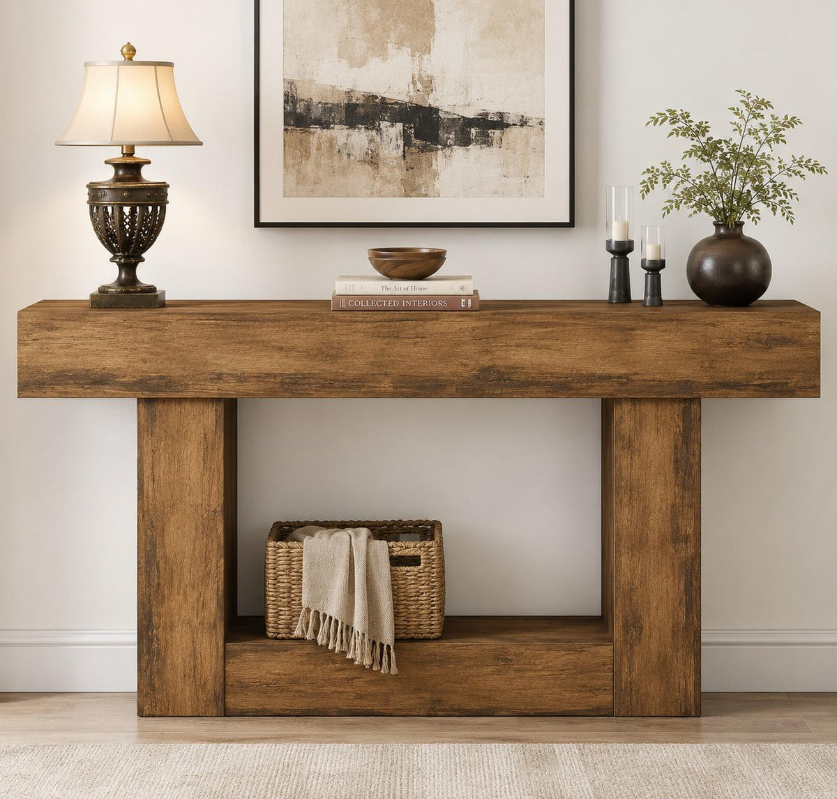 Farmhouse Console Table, Rustic Brown Wood, Vintage Gray U-Base, Entryway Sofa Table