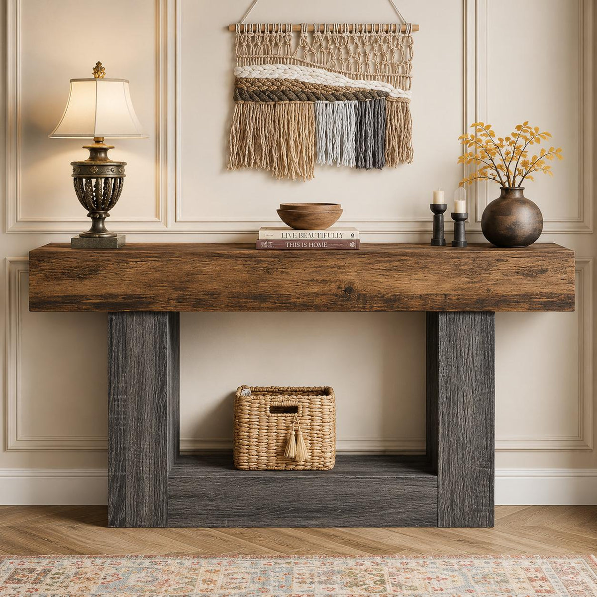 Farmhouse Console Table, Rustic Brown Wood, Vintage Gray U-Base, Entryway Sofa Table
