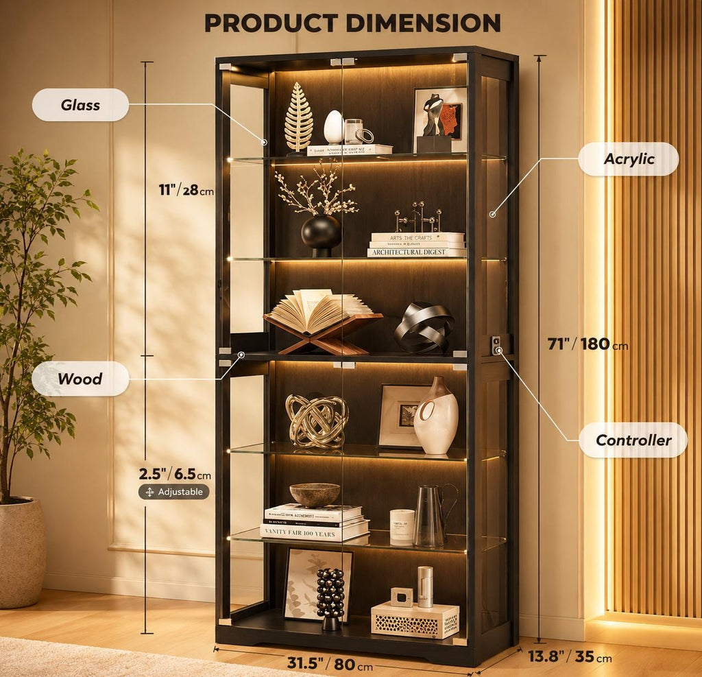 Display Cabinet with Glass Door, 6-Tier 71" Curio Cabinet with 3 Color Lights for Collectibles, Display Case with Adjustable Glass