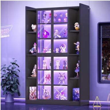 71" Tall Display Cabinet, 6 Tier Curio Case with LED Lights, Black Bookcase