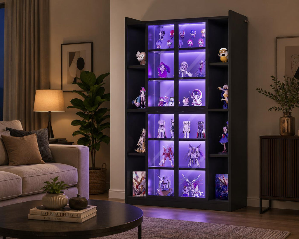 71" Tall Display Cabinet, 6 Tier Curio Case with LED Lights, Black Bookcase