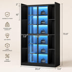 71" Tall Display Cabinet, 6 Tier Curio Case with LED Lights, Black Bookcase