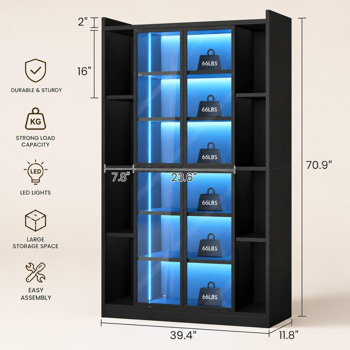 71" Tall Display Cabinet, 6 Tier Curio Case with LED Lights, Black Bookcase