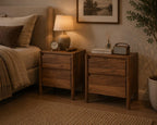Mid Century Walnut Nightstand Set – Solid Wood 2-Drawer Bedside Table
