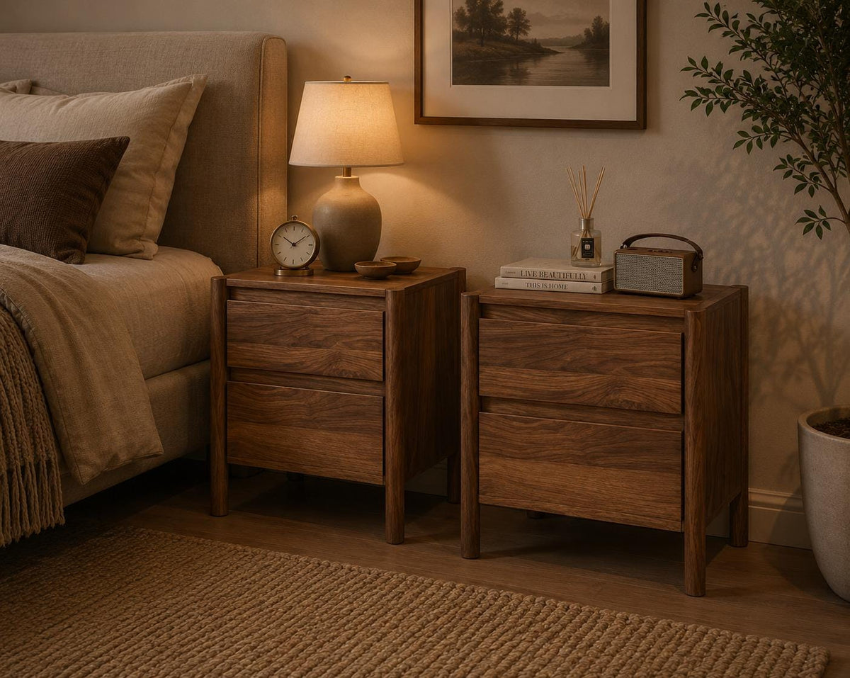 Mid Century Walnut Nightstand Set – Solid Wood 2-Drawer Bedside Table
