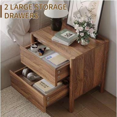 Mid Century Walnut Nightstand Set – Solid Wood 2-Drawer Bedside Table