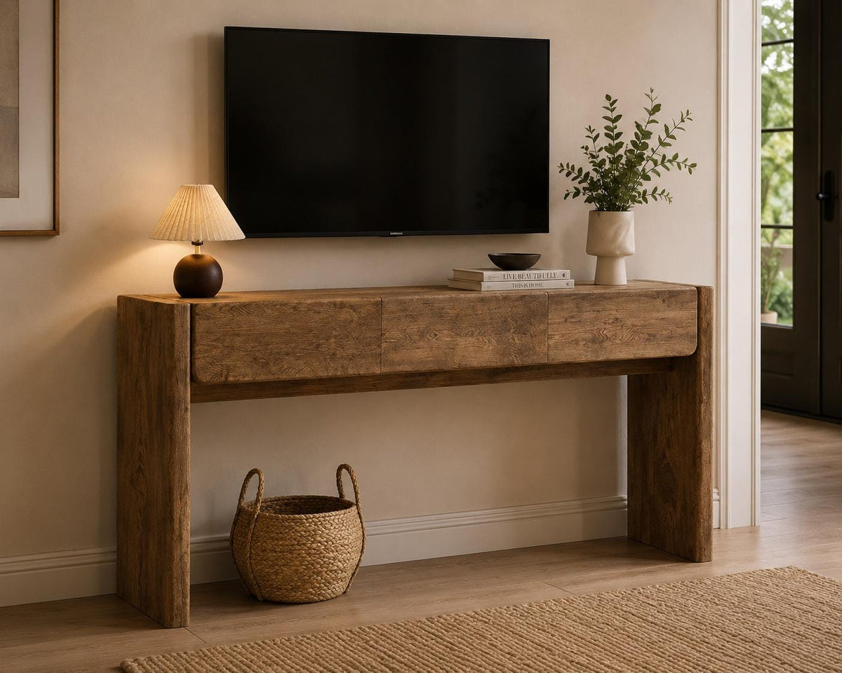 Farmhouse Console Table, Light Knotty Oak, 3 Drawers, Rounded Corners, Living Room Furniture
