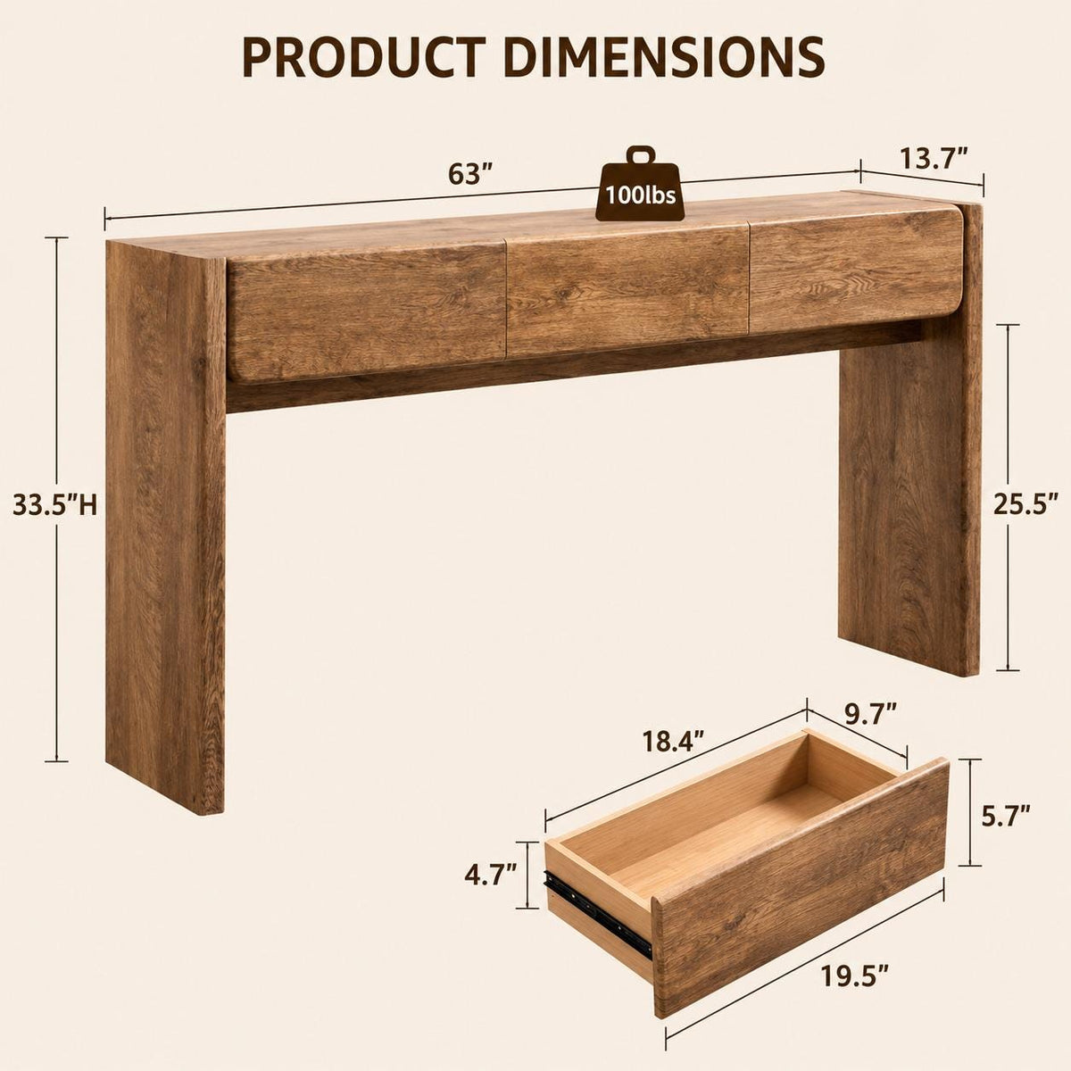Farmhouse Console Table, Light Knotty Oak, 3 Drawers, Rounded Corners, Living Room Furniture