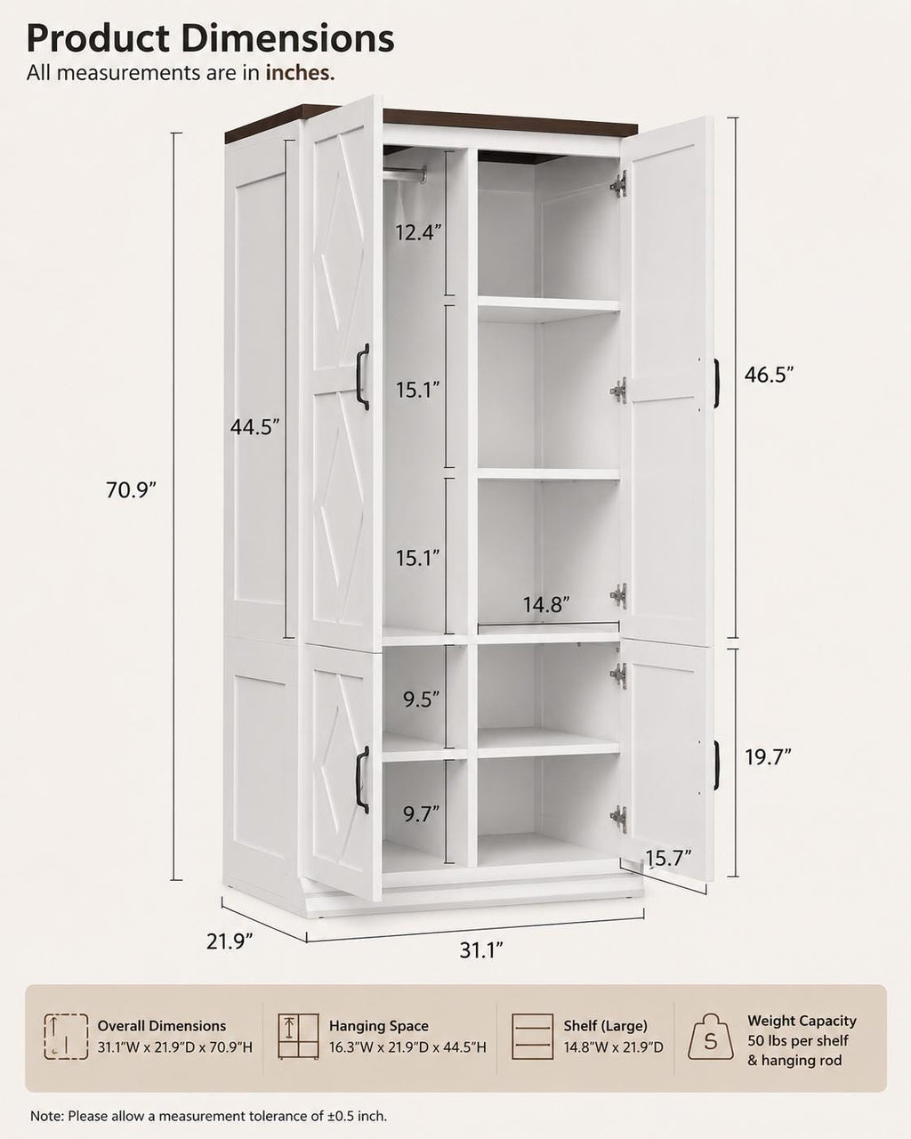 White Wooden Wardrobe Closet, 5 Shelves, Hanging Rod, Freestanding Armoire Storage