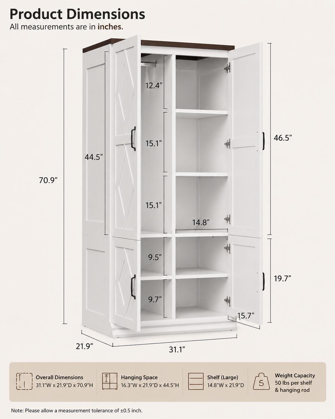 White Wooden Wardrobe Closet, 5 Shelves, Hanging Rod, Freestanding Armoire Storage