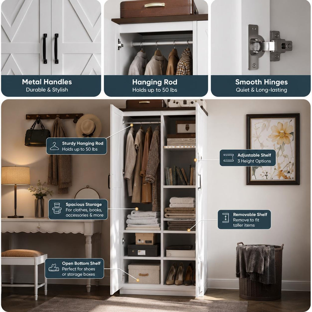 White Wooden Wardrobe Closet, 5 Shelves, Hanging Rod, Freestanding Armoire Storage