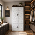 White Wooden Wardrobe Closet, 5 Shelves, Hanging Rod, Freestanding Armoire Storage