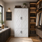 White Wooden Wardrobe Closet, 5 Shelves, Hanging Rod, Freestanding Armoire Storage