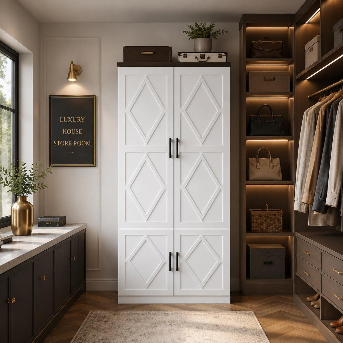White Wooden Wardrobe Closet, 5 Shelves, Hanging Rod, Freestanding Armoire Storage
