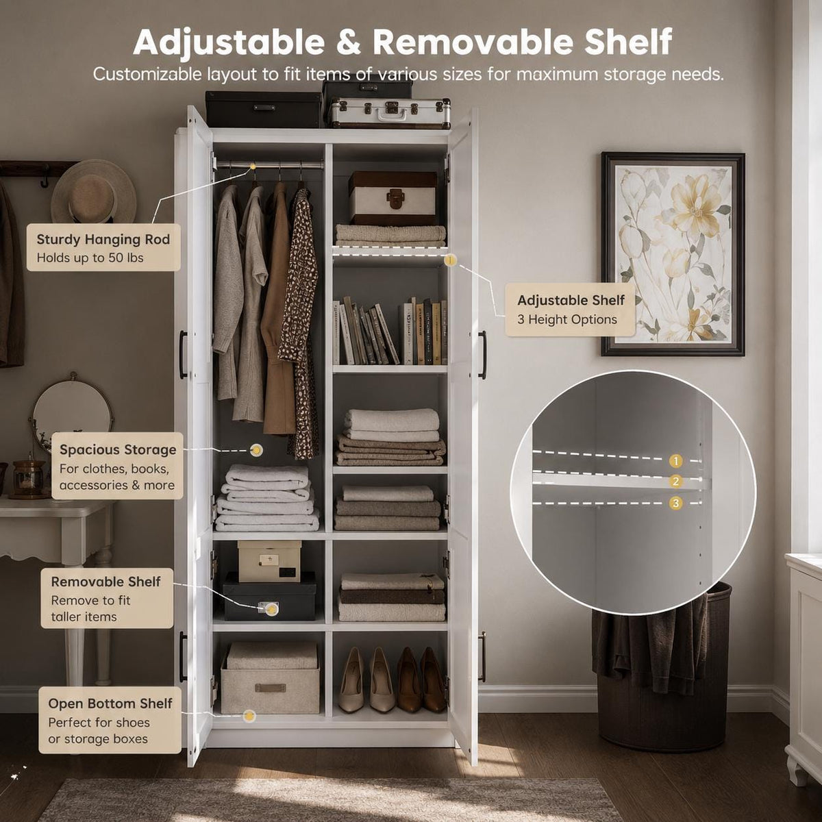 White Wooden Wardrobe Closet, 5 Shelves, Hanging Rod, Freestanding Armoire Storage