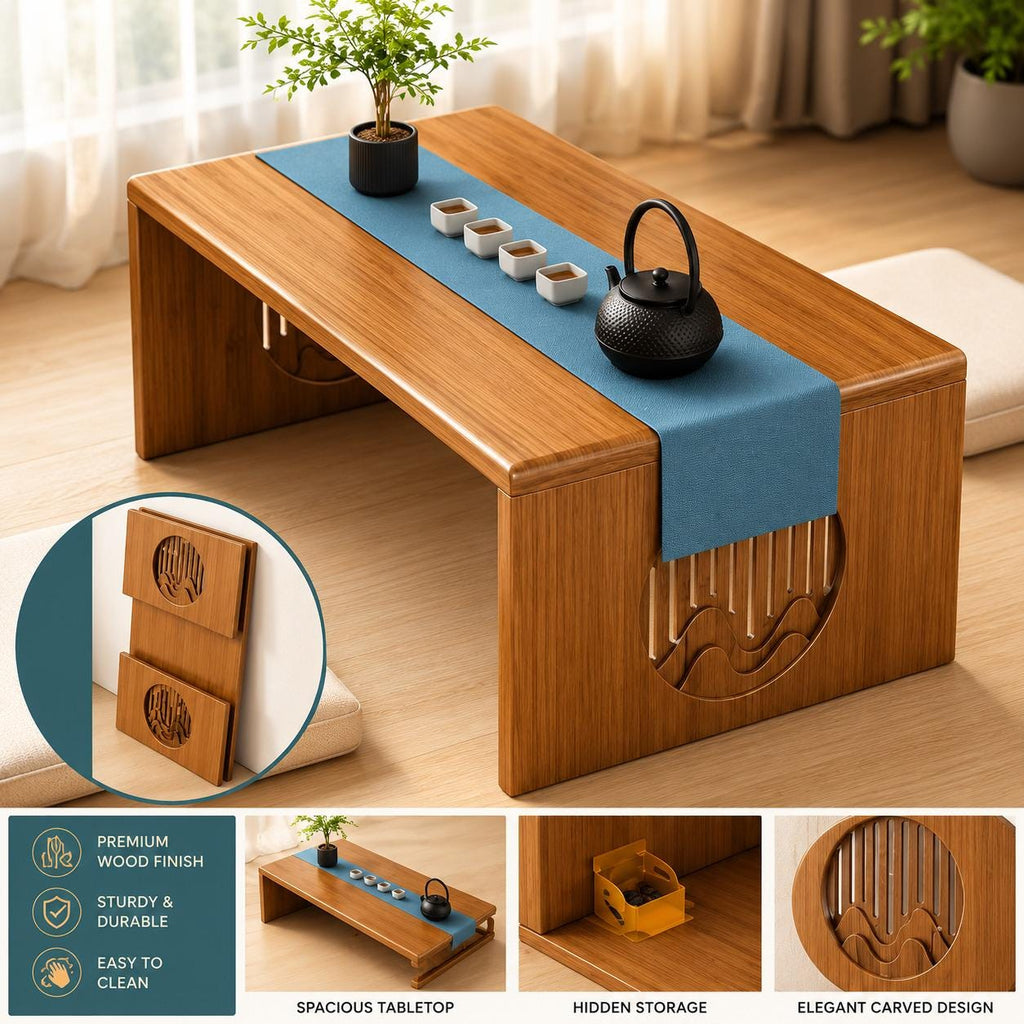 Japanese Style Bamboo Table – Minimalist Low-Rise Wood Grain Design
