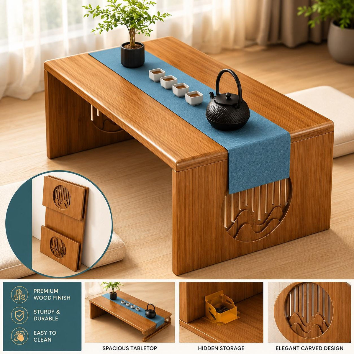 Japanese Style Bamboo Table – Minimalist Low-Rise Wood Grain Design