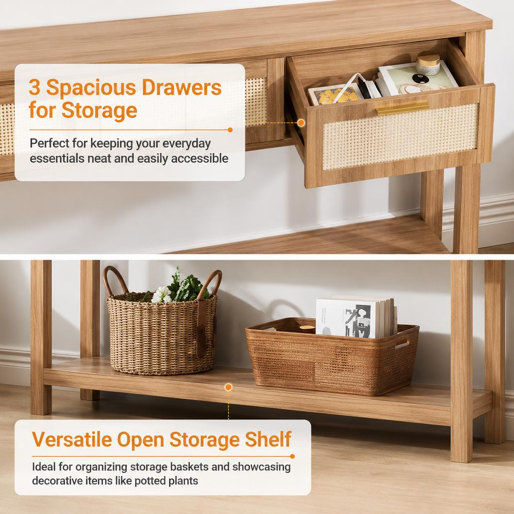 Boho Rattan Console Table, Oak Brown Entryway Table with 3 Drawers, Farmhouse Hallway Shelf