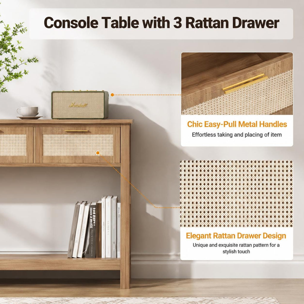 Boho Rattan Console Table, Oak Brown Entryway Table with 3 Drawers, Farmhouse Hallway Shelf