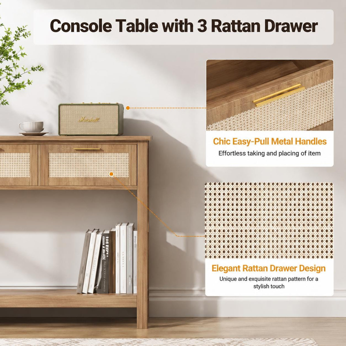 Boho Rattan Console Table, Oak Brown Entryway Table with 3 Drawers, Farmhouse Hallway Shelf