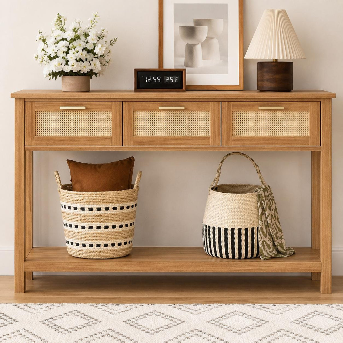 Boho Rattan Console Table, Oak Brown Entryway Table with 3 Drawers, Farmhouse Hallway Shelf