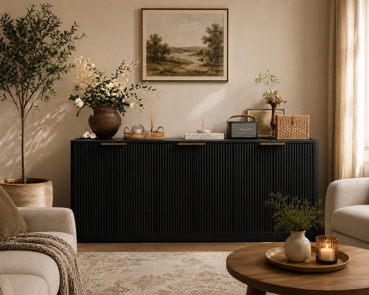 Fluted Oak Buffet Cabinet, Mid Century Modern Sideboard with 6 Doors Storage