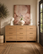 Wide 63" Oak 9-Drawer Dresser, Curved Modern Storage Chest