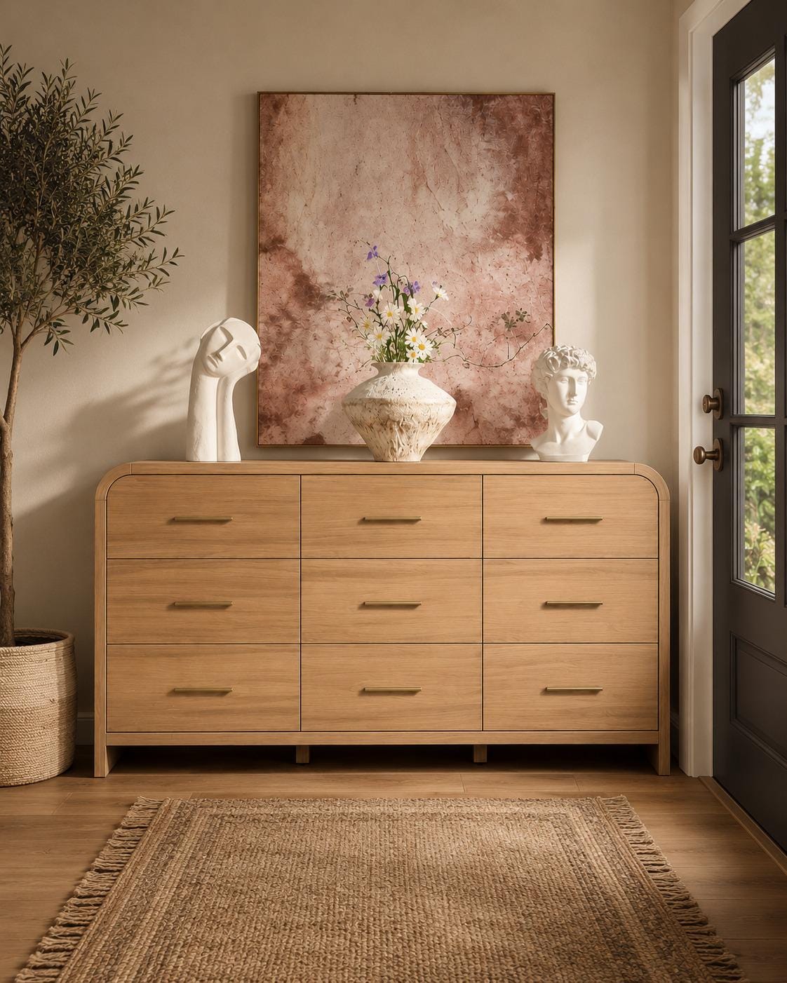 Wide 63" Oak 9-Drawer Dresser, Curved Modern Storage Chest