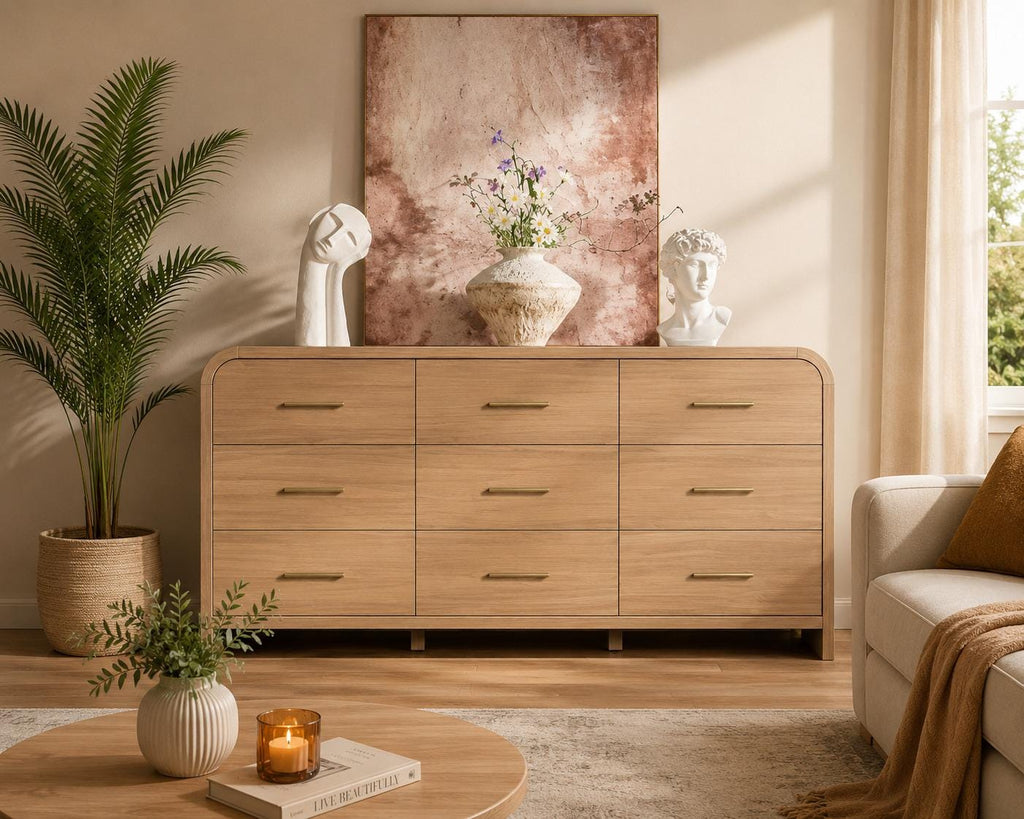 Wide 63" Oak 9-Drawer Dresser, Curved Modern Storage Chest