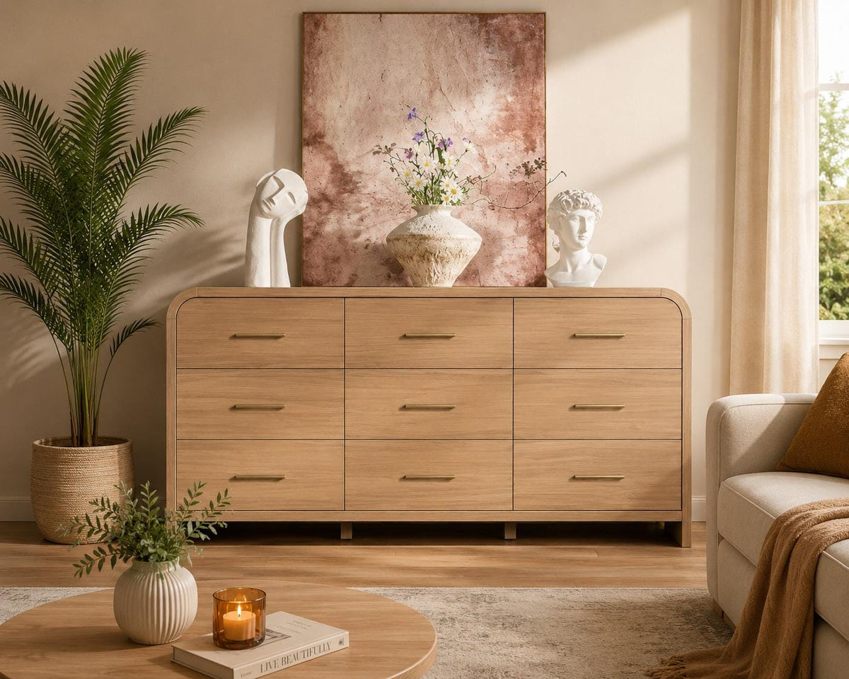 Wide 63" Oak 9-Drawer Dresser, Curved Modern Storage Chest