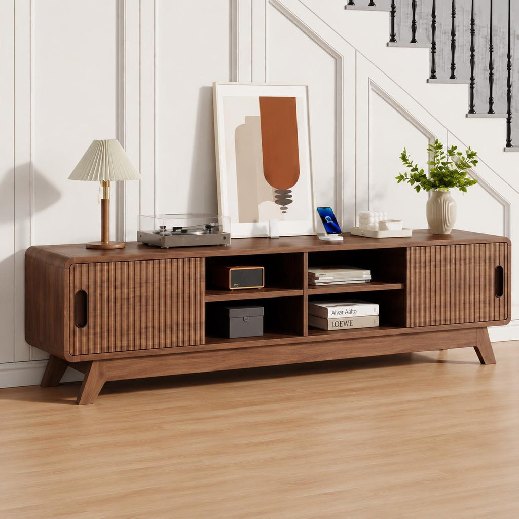 Mid-Century Modern TV Stand, Fluted Cabinet Doors, Open Shelves Entertainment Center