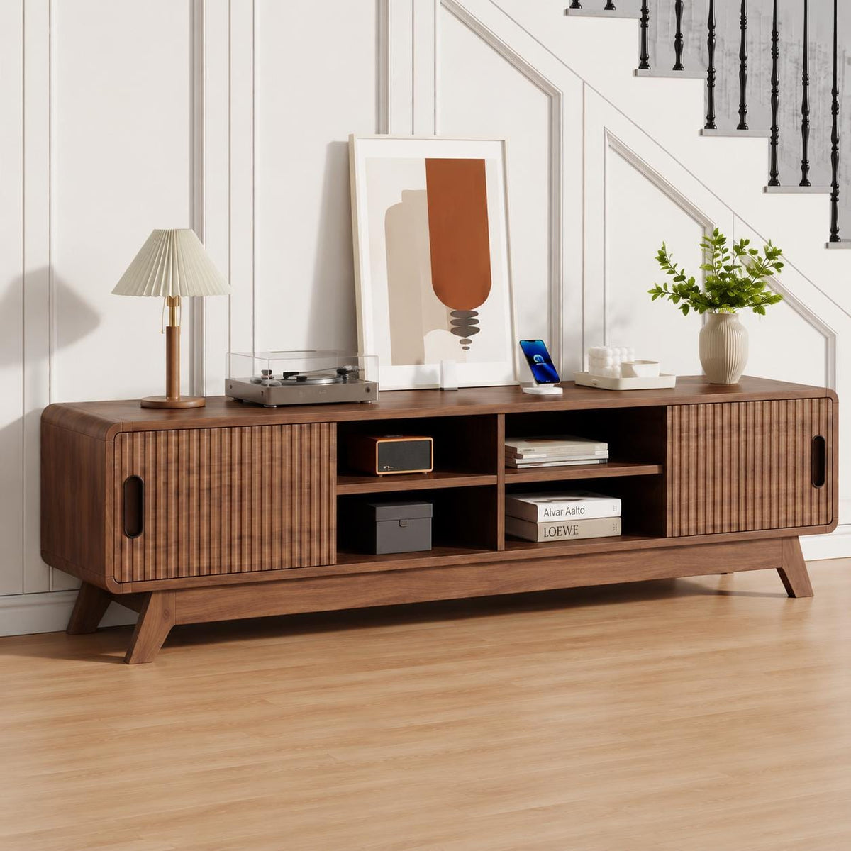 Mid-Century Modern TV Stand, Fluted Cabinet Doors, Open Shelves Entertainment Center